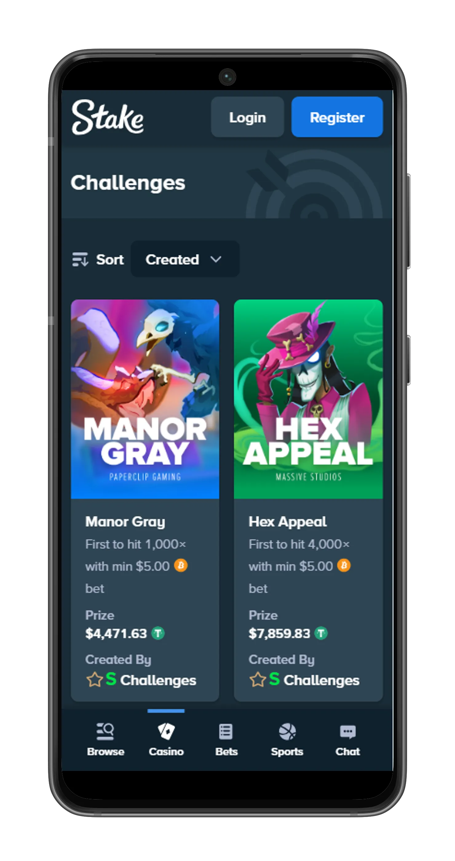 Stake challenges section displaying Hex Appeal and Manor Gray tournaments - stake earning app feature for users in India.