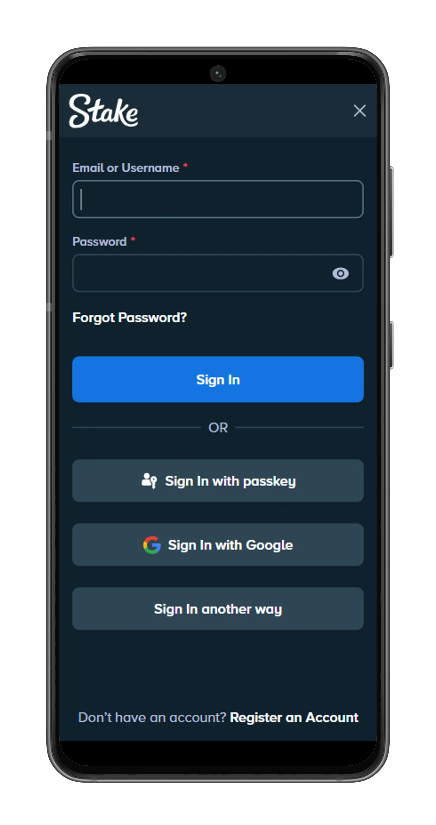 Stake app login and registration screen with Google sign-in option - stake app login page for Android users.